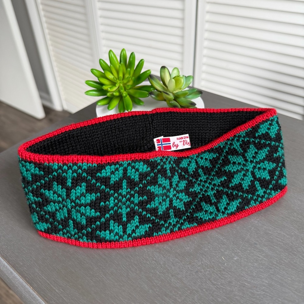 Vintage Vigdis Norway Fairisle Print Winter Headband Hand Made Holiday Christmas